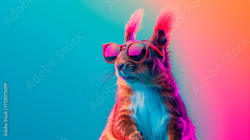 a squirrel wearing sunglasses in front of a colorful background photo