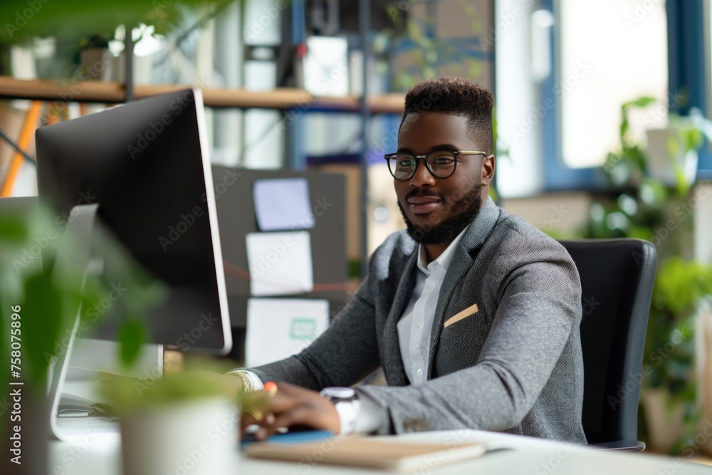 Professional young male entrepreneur focused on a computer screen in a modern workspace Professional young male entrepreneur focused on a computer screen in a modern workspace