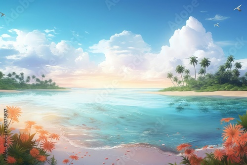The sands of the beach blend harmoniously with light blue transparent water waves. A summer vacation background concept banner that exudes natural beauty and spa-like tranquility.