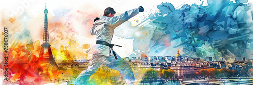 watercolor illustration, the Summer Olympic Games in Paris, wrestling, judo against the backdrop of the Eiffel Tower and a panorama of the city's attractions photo