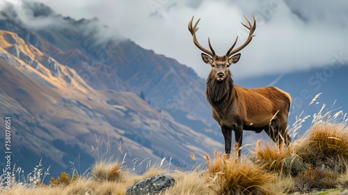 Stunning red deer stag on tussock grass ridge in queenstown  new zealand - majestic wildlife photography