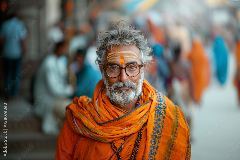 Senior Indian man wearing robes and face paint. Senior Indian man wearing robes and face paint.