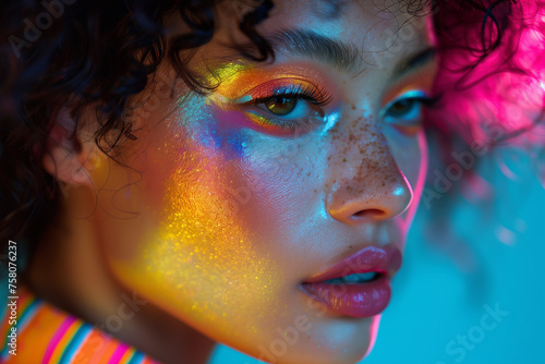 Freckled woman wearing rainbow colored eye shadow