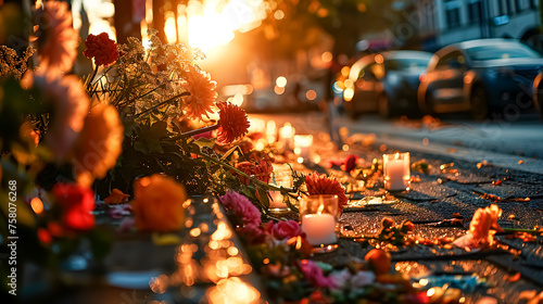 Sidewalk on which candles and flowers have been placed following a fatal hit or run over, fatal hit-and-run