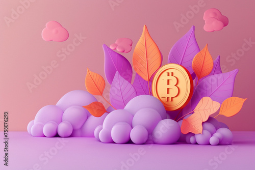 Cloud with coins 3d illustration, orange and purple colors