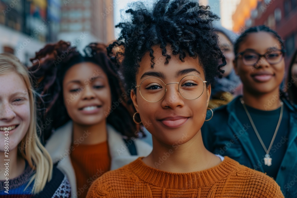 Close-up of a multicultural group of young women with joyful expressions in an urban setting
