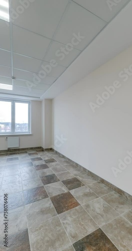 loop seamless rotation in white empty long corridor and room with window in interior of modern apartments or office