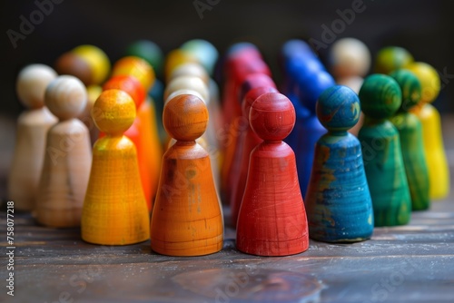 A group of vividly painted wooden pawns arranged on a table with selective focus
