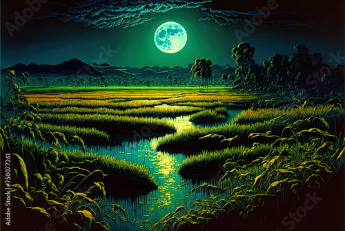 Widok na pola ryżowe nocą