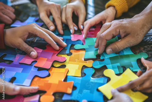 Close-up of diverse hands collaborating to connect jigsaw puzzle pieces