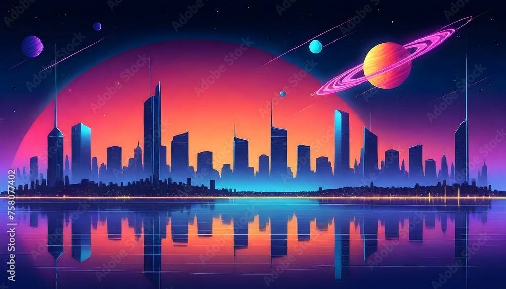 Futuristic city skyline with skyscrapers against a sunset sky , with planets and stars, reflected on a calm water surface