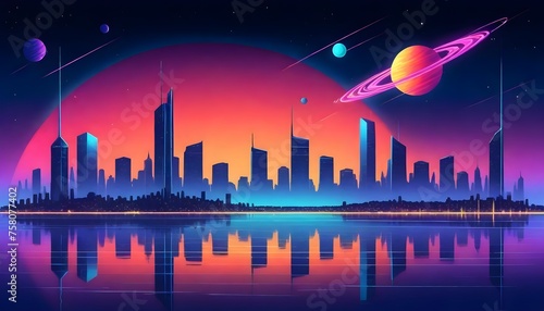 Futuristic city skyline with skyscrapers against a sunset sky , with planets and stars, reflected on a calm water surface