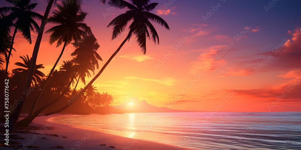 A beautiful sunset with palm trees in the foreground, Palm trees on the beach. HD wallpaper
