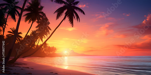 A beautiful sunset with palm trees in the foreground  Palm trees on the beach. HD wallpaper