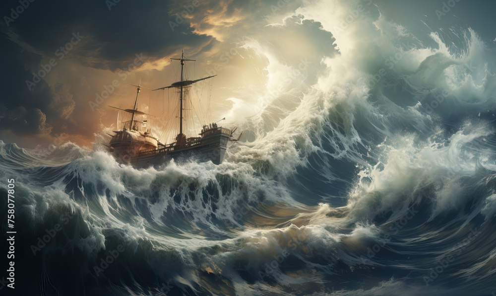 Ship in stormy high waves on a stormy day. Ship in stormy high waves on a stormy day.