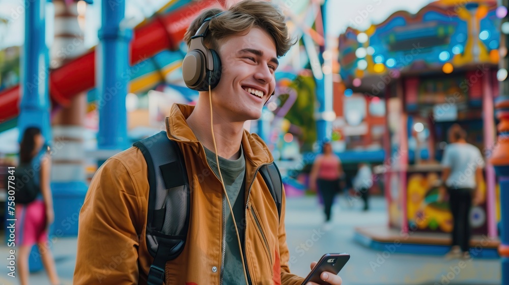 A male model in an amusement park, wearing headphones, holding a mobile phone, smiling.