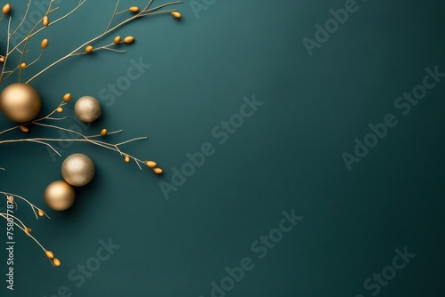 Christmas branches on a green background with balls, dark teal and gold, minimalist starkness, festive atmosphere with copy space