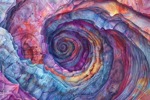 Hand-drawn pastel digital watercolour paint sketch Vivid spiral patterns in a natural rock formation exhibiting complex psychedelic textures and colors 
