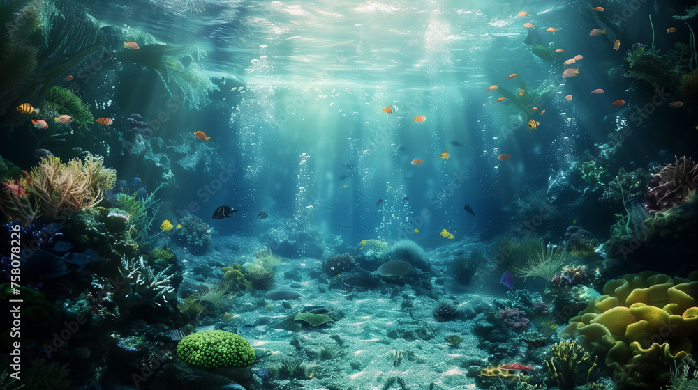  a serene underwater scene, alive with vibrant coral reefs, diverse marine life, and sunbeams piercing through the water, highlighting the dynamic and colorful ecosystem of the ocean floor.