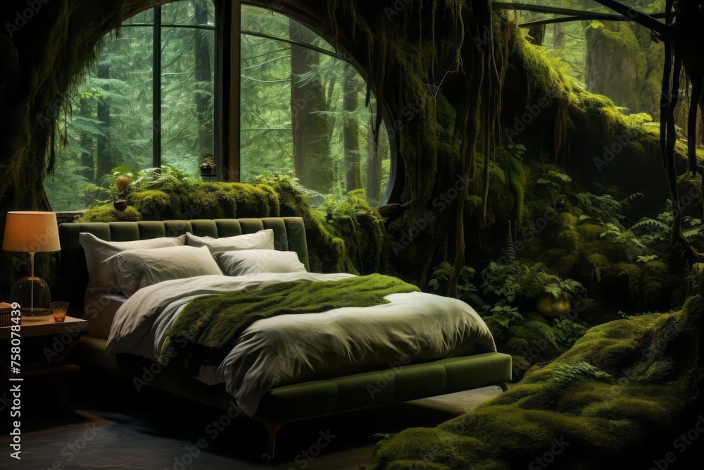 A natural oasis where the bed is cocooned in a layer of velvety moss. The cozy ambiance of the moss-covered sanctuary, where each touch brings a sense of nature's embrace.