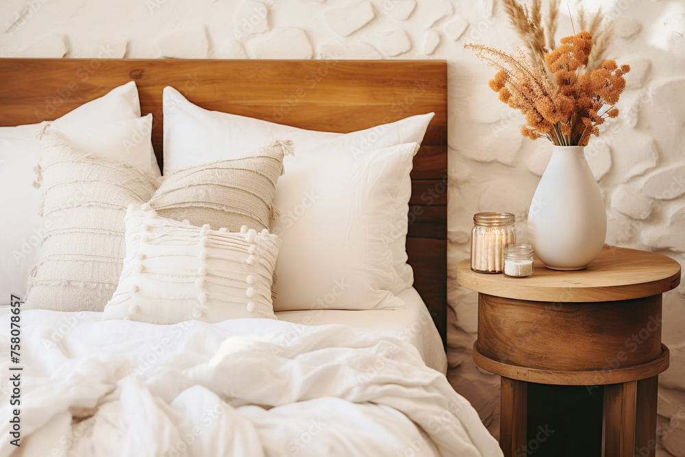 Boho interior design of modern bedroom. Close up of round natural wood rustic bedside cabinet near bed with white bedding against stone wall.