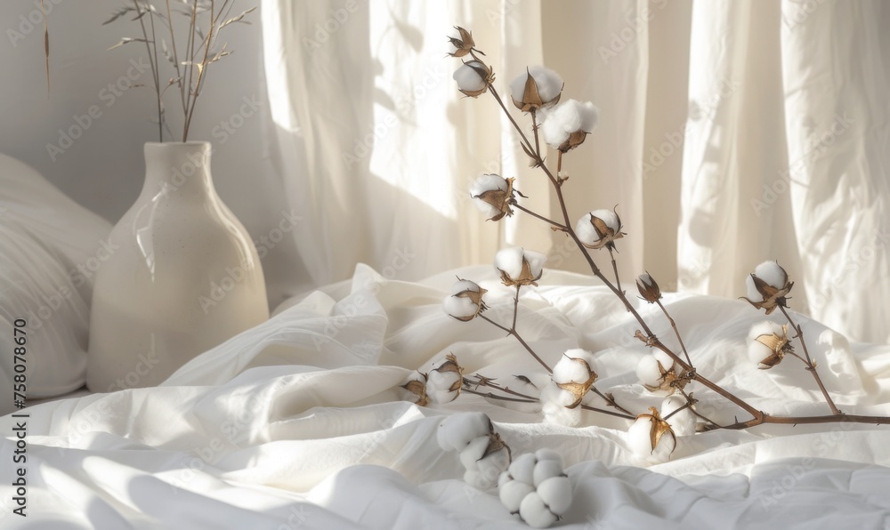 Cotton bolls on soft white fabric