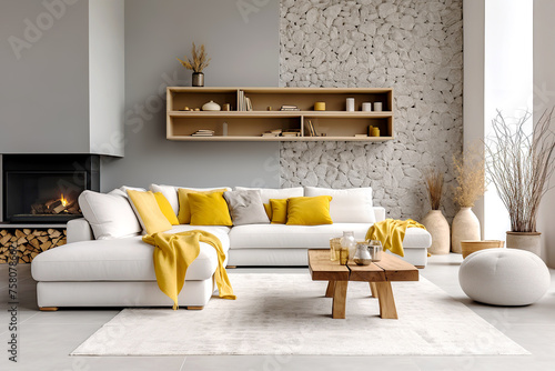 Loft interior design of modern living room, home. White sofa with yellow pillows against grey and stone cladding wall with wooden shelf, fireplace. © Vadim Andrushchenko