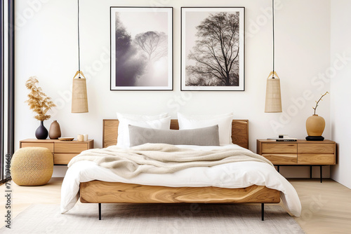 Scandinavian interior design of modern bedroom. Natural wood bed and bedside cabinets against wall with two poster frames.