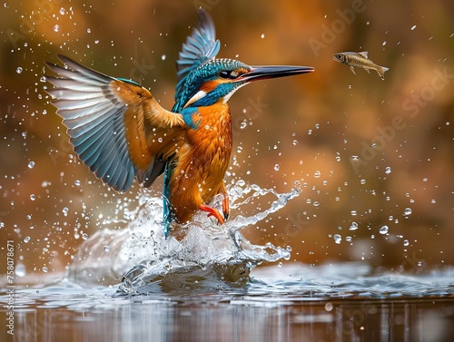 kingfisher diving down to catch fish, water splashing around it, wildlife photography © JetHuynh