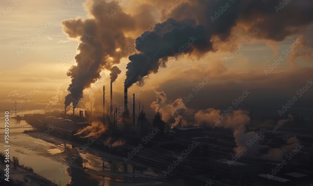 Industrial plant emitting thick smoke, impact of burning fossil fuels on the environment