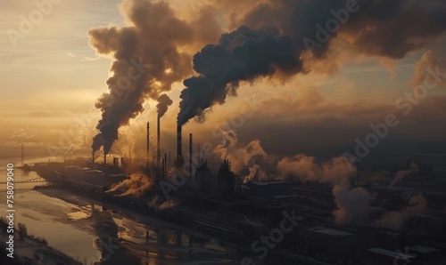 Industrial plant emitting thick smoke, impact of burning fossil fuels on the environment