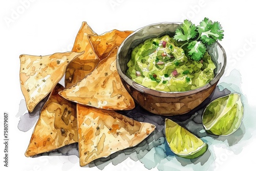 Hand-drawn pastel digital watercolour paint sketch Spicy homemade guacamole with crispy tortilla chips garnished with fresh cilantro isolated on a white background in a Cinco de Mayo celebration 