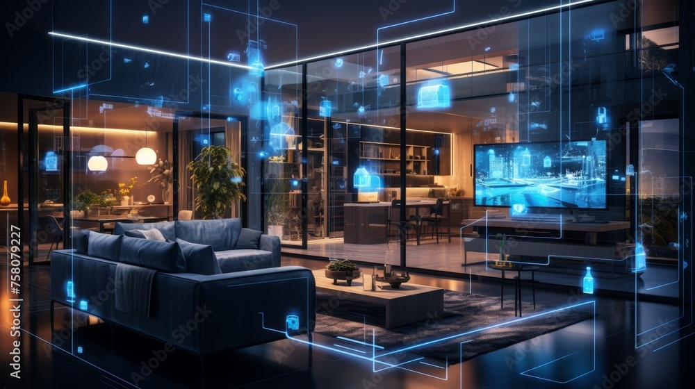 Interior of AI augmented reality smart home. Interior of AI augmented reality smart home.