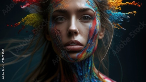 Portrait of a girl in splashes of paint. AI generated