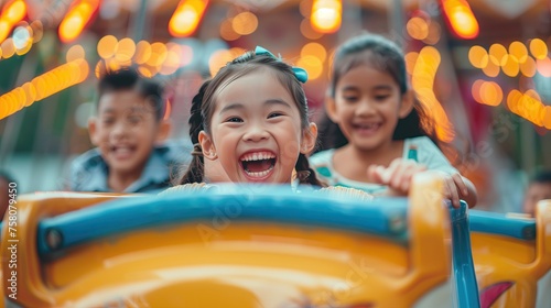 girl and boy are playing in an amusement park. smile happily.