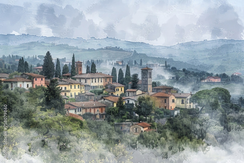 Obraz premium Digital watercolor misty lush italian village