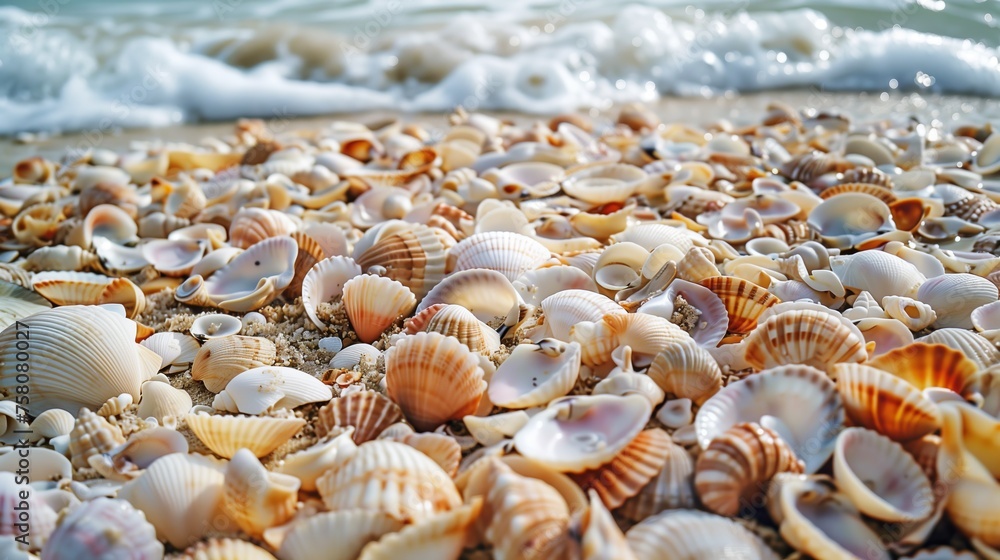 Many Seashells Scattered on Sandy Beach Many Seashells Scattered on Sandy Beach