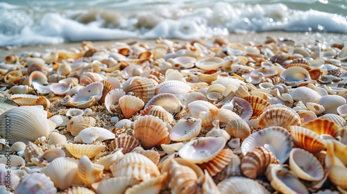 Many Seashells Scattered on Sandy Beach