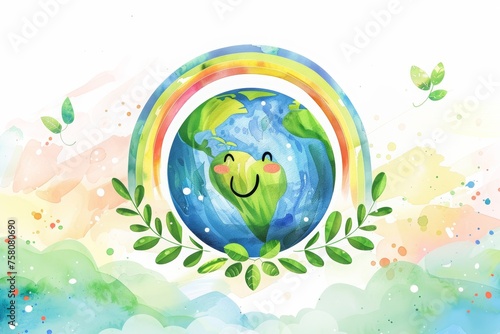 text Happy Earth Day written on top, a watercolor illustration of planet earth smiling with green leaves and a rainbow against a pastel colored background. Cartoon earth with a rainbow, green leaves © Sabina Gahramanova