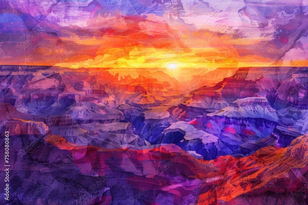 Hand-drawn pastel digital watercolour paint sketch Majestic sunset over the serene Grand Canyon its rich hues of orange and purple creating a breathtaking panorama 