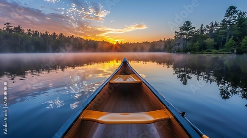 Serene sunrise: adirondack guide canoe glides on connery pond, adirondack park, ny, usa
