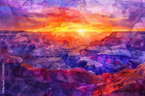 Hand-drawn pastel digital watercolour paint sketch Majestic sunset over the serene Grand Canyon its rich hues of orange and purple creating a breathtaking panorama 