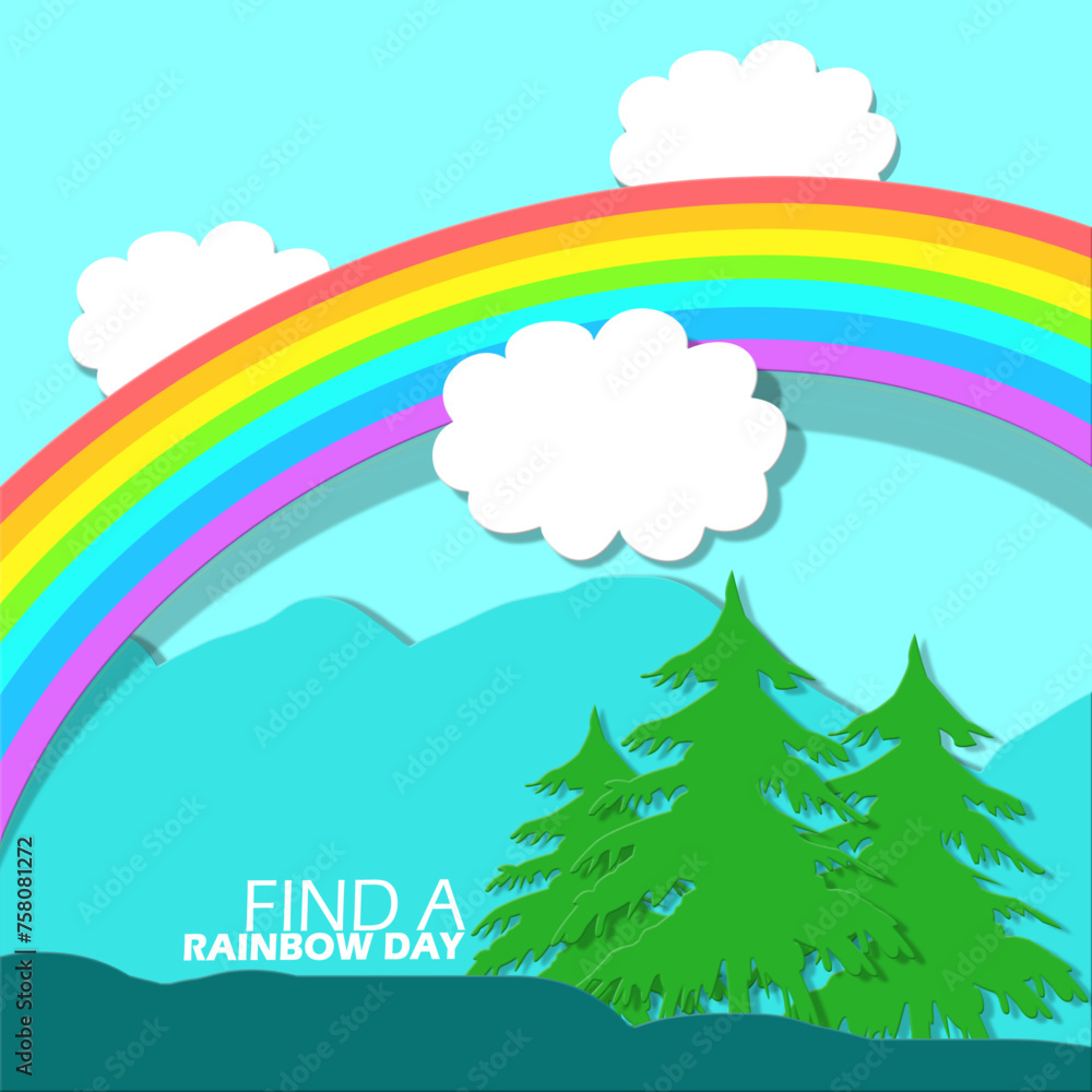 National Find a Rainbow Day event banner. Hard paper style a rainbow with clouds and trees on a hill to celebrate on April 3rd