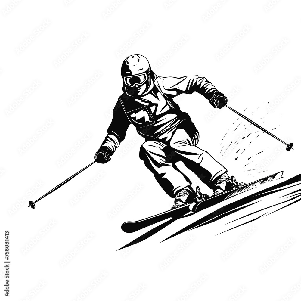 Fototapeta premium Skier on a slope, speeding down the mountain, ski competition icon or leisure and hobby activity in winter on ski resort, person with skis and ski equipment, helmet, goggles, gloves, ski poles design