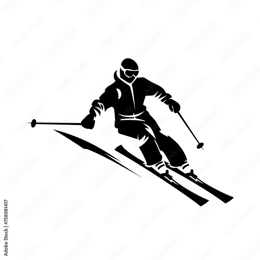 Skier on a slope, speeding down the mountain, ski competition icon or leisure and hobby activity in winter on ski resort, person with skis and ski equipment, helmet, goggles, gloves, ski poles design