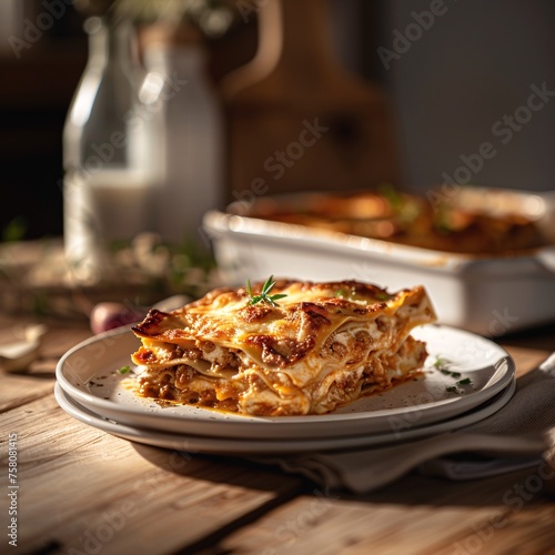 Layers of perfectly cooked pasta, rich tomato sauce, melted cheese, and ground meat, garnished with fresh basil leaves on a white plate.