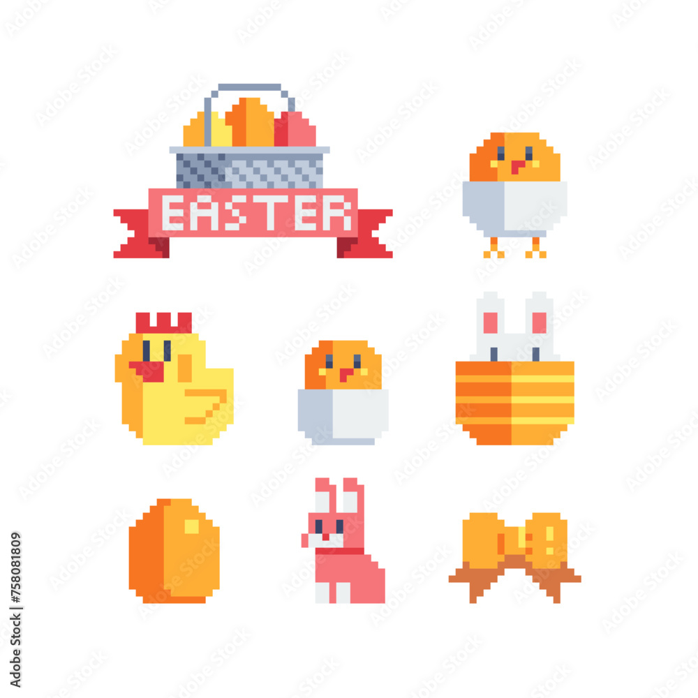 Happy Easter design. Pixel art icons set. Greeting card with rabbit, bunny, eggs and chicken. Isolated vector illustration. 