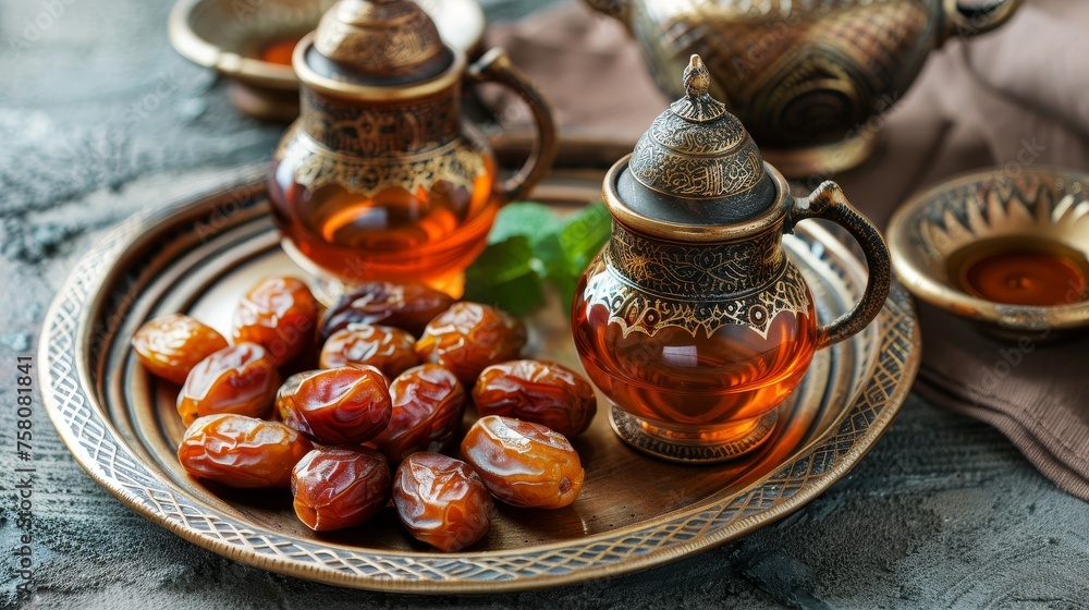 Iftar with dates and water Muslim Sunnah for Ramadan, Islamic food for breaking fast Iftar with dates and water Muslim Sunnah for Ramadan, Islamic food for breaking fast