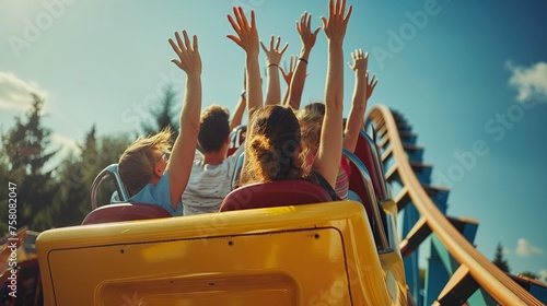 people in amusement park Riding a roller coaster waving because of the excitement.