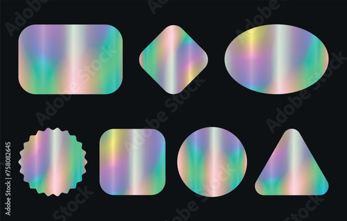 Set of color holographic sticker templates, label with holographic effect. Shiny rainbow emblems in different shapes. Vector illustration EPS10